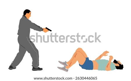 Man with gun aims shooting at enemy injured boy lie down vector illustration isolated. Conflict duel handgun fire. Police agent shutting mafia member. Policeman arrest criminal. Crime gunfight battle.