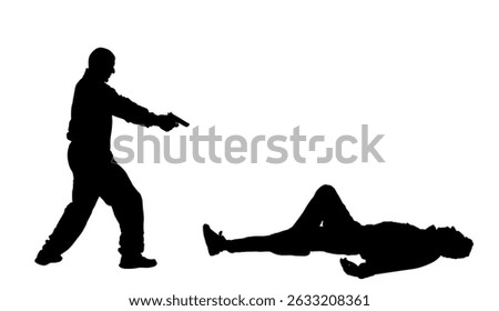 Man with gun aims shooting enemy injured lie down vector silhouette illustration isolated. Conflict duel handgun fire. Police agent shutting mafia member. Policeman arrest boy. Crime gunfight battle.
