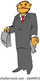 Man with gun and brief case in grey suit. Vector illustration.