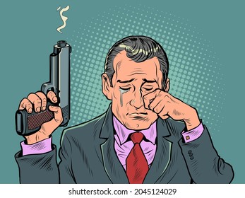 Ein Mann mit einer Waffe weint. Ein Spion ist ein Agent mit Emotionen. Die Waffe raucht nach dem Schuss