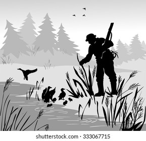 Man with gun found under bush family Scared duck with ducklings. Forest lake. flying in the sky. Vector illustration.