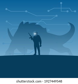 hombre con arma en la mano jugando con auriculares VR sobre la lucha contra monstruo imaginario en la sombra de degradado azul vector