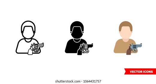 Man with gun icon of 3 types: color, black and white, outline. Isolated vector sign symbol.
