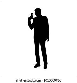 Man with a gun near the door. Vector illustration. 