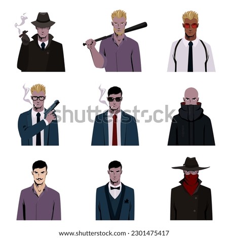 Man with gun secret agent avatar character mascot illustration vector set