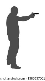 Man with gun shooting in target vector silhouette illustration. Hunter with pistol shooting in shot.  Public crime scene, gunfight battle. Policeman practice with target. Bank robbery