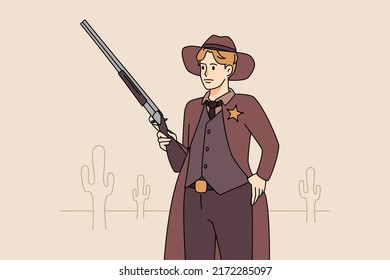 Man With Gun With Star On Chest. Male Sheriff With Weapon In West. Western Culture Concept. Vector Illustration. 