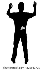 Man with gun surrendering with both hands raised in air