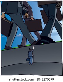 A man in the gutter feels so small compared to other people walking to their affairs. He barely succeeds in reaching the upper edge of the channel he is into.