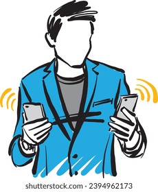 hombre tipo con teléfonos celulares que elige entre dos teléfonos compra el concepto de ilustración vectorial