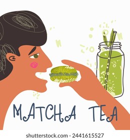 Man, guy drinking Matcha Green tea, eating macaroons. Character, accessories, cards, invitations. Various matcha tea products. Japanese tea culture. Hand drawn vector illustration.