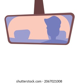 A man, a guy, is driving in the back seat as a passenger and can be seen in the rear window. Purple. Vector illustration.