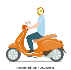 A man or a guy in a helmet rides a scooter or bike. The concept of sustainable transport, active lifestyle, millennial generation. Vector illustration