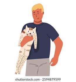 Man, guy holding cute cat. Happy men with lovely kitty. Pet owner portrait with adorable pretty feline animal. Flat vector illustration isolated on white background