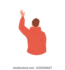 Hombre o hombre levantando la mano en la vista gesto de saludo desde atrás, ilustración vectorial plana aislada en fondo blanco. Joven o estudiante saludando.