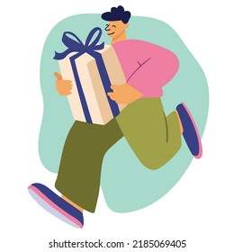Un hombre, un hombre corre, se lanza con caja de regalo, entrega