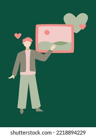 man or guy showing and presenting a picture or drawing of hill. flat vector element for web design, poster, banner, and app design. Green and pink themed design.