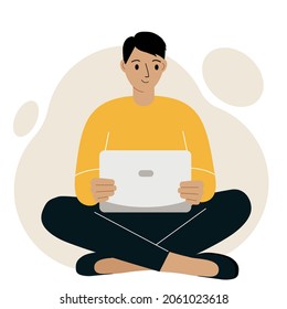 A man or a guy sits and works at a laptop. Remote work or communication over the Internet. Satisfied, joyful. Vector flat illustration.