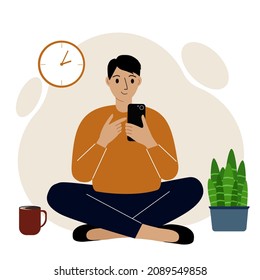 A man or a guy sits and works at a mobile phone. Remote work or communication over the Internet. Satisfied, joyful. Vector flat illustration.