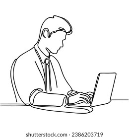 Man, guy sitting at a laptop at a table drawn with one line. Vector illustration