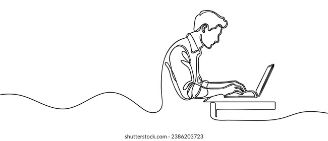 Man, guy sitting at a laptop at a table drawn with one line. Vector illustration