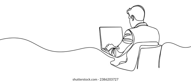 Man, guy sitting at a laptop at a table drawn with one line. Vector illustration