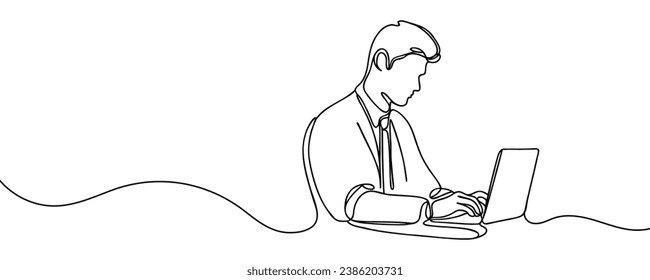 Man, guy sitting at a laptop at a table drawn with one line. Vector illustration
