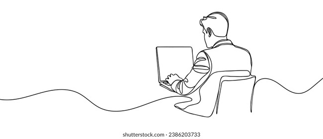 Man, guy sitting at a laptop at a table drawn with one line. Vector illustration