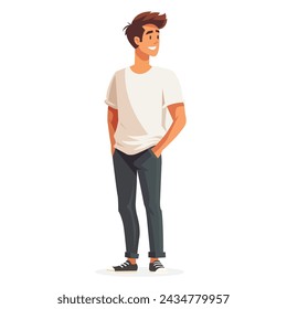 Man, guy, standing and smiling full-length illustration, flat illustration, user interface illustration, isolated on a white background