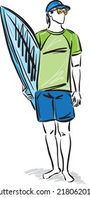 man guy surfer with surf board stand up vector illustration