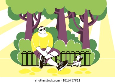 A Man, A Guy, In A Yellow T-shirt, Big, Sitting On The Fence, Against The Background Of Trees And Bushes, Next To Him Is A Small Dog, A Pug