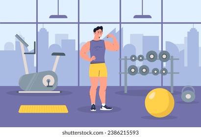 Man in gym concept. Young guy with sport equipment. Dumbbells and yellow fitball. Active lifestyle and training, workout. Sportsman and athlete, bodybuilder. Cartoon flat vector illustration