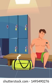 Man in gym locker room flat vector illustration. Guy relaxing after sports training cartoon character. Sportsman wearing clothes in fitness club changing room. Muscular athlete sitting on bench