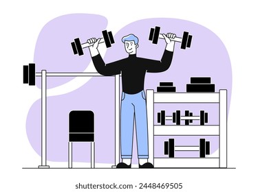 Man in gym simple. Young guy standing with two dumbbells in hands. Active lifestyle and sport. Bodybuilding and powerlifting, fitness. Linear flat vector illustration isolated on white background