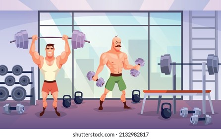 Man in gym. Sport workout in fitness club, muscular men characters, training with dumbbell and barbell. Room with sport equipment for powerlifting. Cartoon bodybuilder vector concept