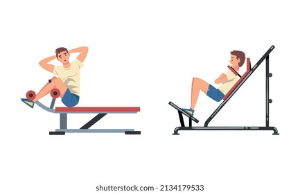 Man at Gym Training with Sport Machine Vector Set