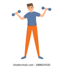 Hombre en el gimnasio usando un icono de campanas de dumbón. Caricatura del hombre en el gimnasio usando pancartas sucias icono vectorial para diseño web aislado en fondo blanco