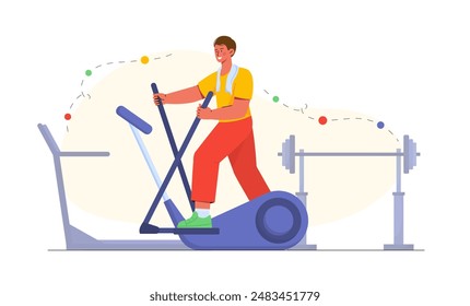 Hombre en el gimnasio. Joven en máquina de entrenamiento cardiovascular. Equipo de gimnasio. Estilo de vida activo y deportes, fitness. Entrenamiento y entrenamiento. Ilustración vectorial plana aislada sobre fondo blanco