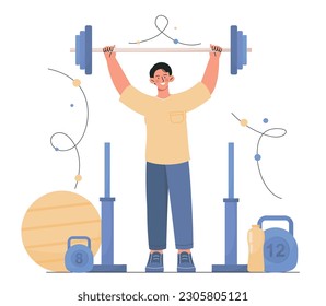 Man in gym. Young guy stands with barbell in his hands and does bench press. Active lifestyle and sports. Fitness, bodybuilding and powerlifting, muscle strengthening. Cartoon flat vector illustration