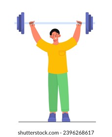 Man gymnast with barbell. Strong athlete and sportsman. Young guy with muscles at sport equipment. Bodybuilder with weights. Cartoon flat vector illustration isolated on white background