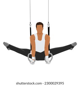 Man Gymnastics with rings set. Athlete in uniform. Flat vector illustration isolated on white background