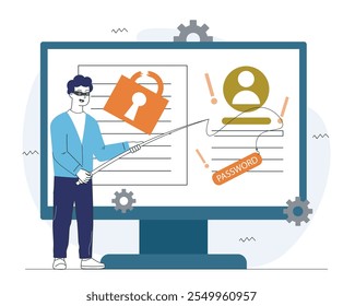 Man with hacker attack. Young guy in black mask with fishing rod near computer. Hacker steals personal information. Safety and security. Linear vector illustration isolated on white background