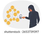 Man hacker hacks crypto vault with money to steal funds from blockchain wallet with gold coins. Hacker uses key to gain access to digital depository with bank depositors cash savings
