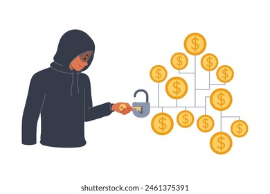 Man hacker hacks crypto vault with money to steal funds from blockchain wallet with gold coins. Hacker uses key to gain access to digital depository with bank depositors cash savings
