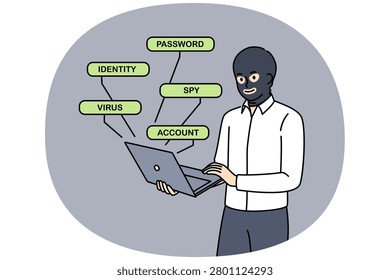 Man hacker hacks website through laptop, standing in mask hiding face to remain anonymous. Anonymous hacker creates spy virus to crack account passwords and steal bank card numbers