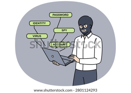 Man hacker hacks website through laptop, standing in mask hiding face to remain anonymous. Anonymous hacker creates spy virus to crack account passwords and steal bank card numbers
