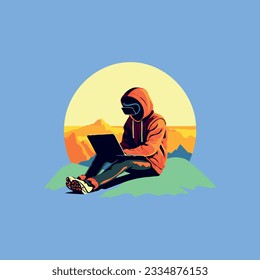 man with hacker hood sitting in the mountains