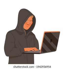 Man Hacker in Hoody at Laptop Breaking Web Site Code Vector Illustration