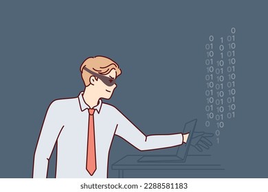 Man hacker in mask hiding face reaches out to laptop screen to steal important information or commit cybercrime. Guy hacker makes digital fraud and hacks computer via internet or local network