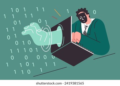 Man hacker in mask penetrates protected space by sticking hand through laptop and stealing confidential data. Anonymous hacker commits cyber crimes to gain access to competitors business secrets